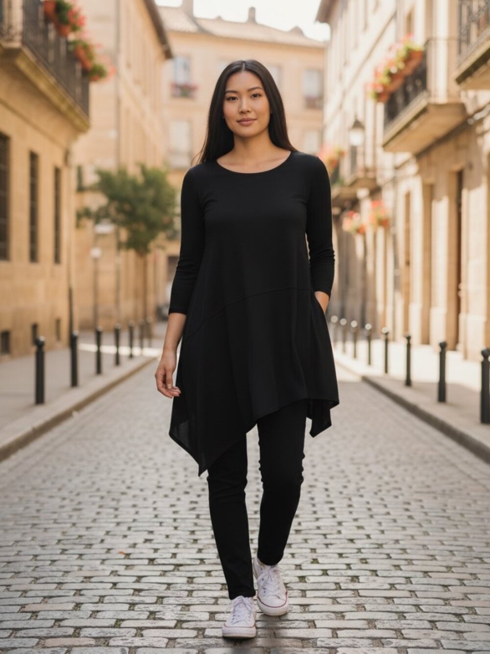 Chicos Elegant Black “Ultimate Tee” - Asymmetrical Hem Tunic Size 0